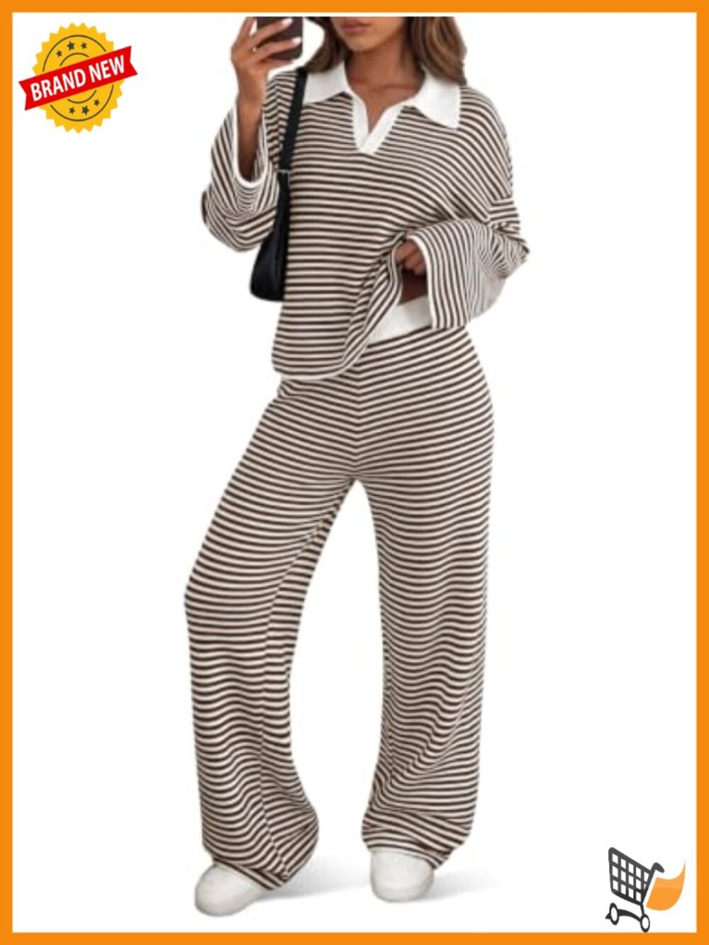 Striped Sweater Set 2 Piece Knit Lounge Outfit Collared Top Pants